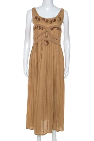 Bottega Veneta Camel Linen Pom Pom Detail Pleated Dress L