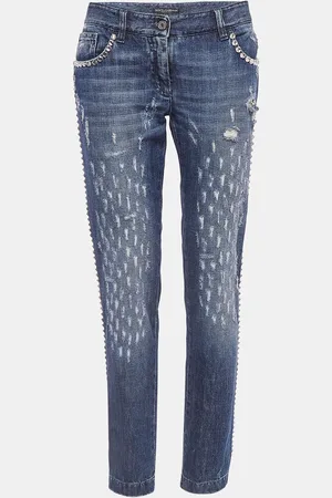 Dolce & Gabbana Blue Faded Denim Embellished Distressed Jeans M Waist 32"