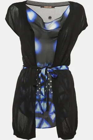 Roberto Cavalli /Blue Print Silk & Knit Sleeveless Belted Top S