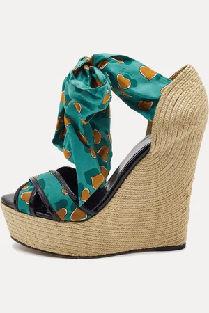 Gucci Multicolor Printed Fabric and Patent Espadrille Wedge Ankle Wrap Sandals Size 41