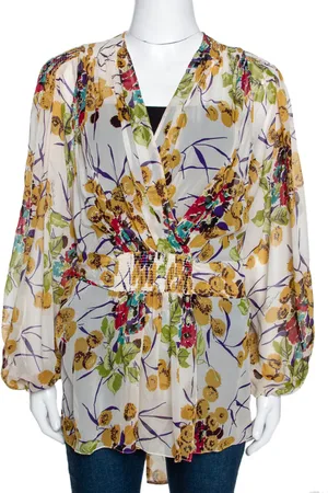 Roberto Cavalli Silk Georgette Floral Print Faux Wrap Blouse M