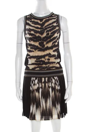 Roberto Cavalli And Brown Animal Printed Silk Pleated Sleeveless Dress S