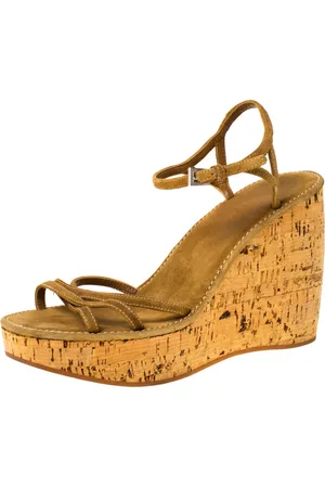 Prada Criss Cross Suede Ankle Strap Cork Wedge Sandals Size 40
