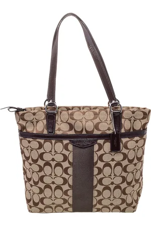 Coach Brown / Canvas And Patent Leather Top Zip Tote