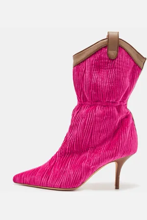 MALONE SOULIERS /Brown Pleated Velvet and Leather Daisy Mid Calf Boots Size 37.5