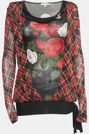 Kenzo /Red Checked Floral Print Silk Long Sleeve Top M