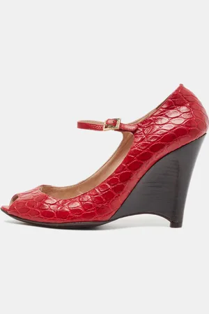 Fendi Croc Embossed Leather Peep Toe Wedges Pumps Size 39.5