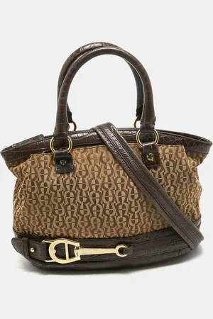 Aigner Dark /Beige Signature Canvas and Croc Embossed Leather Buckle Logo Satchel