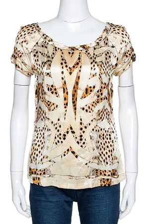 Roberto Cavalli Cream and Silk Leopard Print Short Sleeve Top S