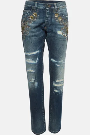 Dolce & Gabbana Ripped Denim Crystal Embellished Jeans L Waist 33"