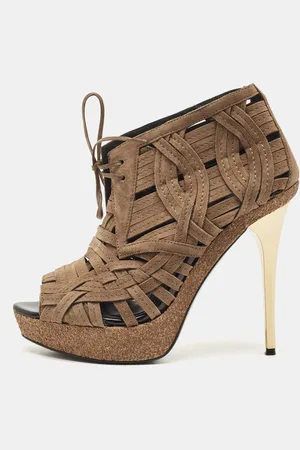 Burberry Suede Cork Platform Peep Toe Ankle Booties Size 38.5