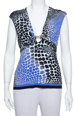 Roberto Cavalli Blue & Knit Animal Print Plunge Neck Top M