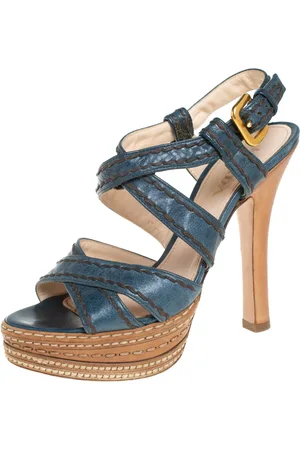 Prada Blue And Tan Leather Stitch Detail Cross Strap Platform Sandals Size 36