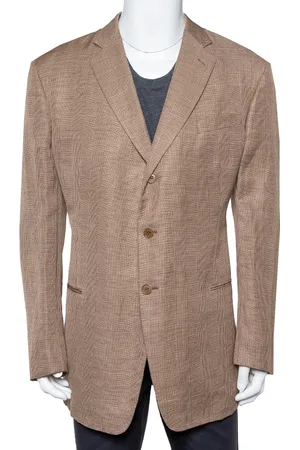 Giorgio Armani Micro Check Patterned Linen Button Front Blazer 5XL