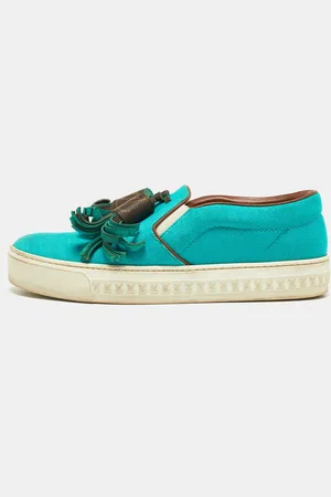 LOUIS VUITTON Turquoise Fabric and Monogram Canvas Destination Slip On Sneakers Size 37