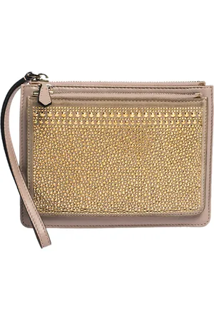 VALENTINO Nude /Gold Leather and Suede Studded Wristlet Pouch
