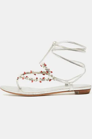 Sergio Rossi Leather Crystal Embellished Ankle Wrap Flat Slides Size 37.5