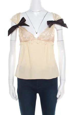 VALENTINO Buttercream Crepe Bow Detail Lace Babydoll Top L