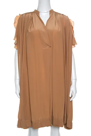 Chloé American Tan Crepe Silk Ruffled Sleeveless Billowy Dress M