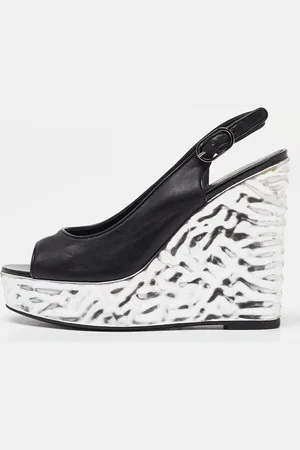 CHANEL /Silver Leather Ankle Strap Platform Wedge Sandals Size 36