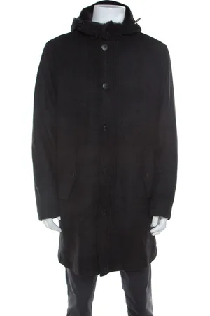 Emporio Armani Dark Wool and Fur Hooded Collar Detail Coat XXL