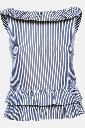Dior White/ Stripe Patterned Cotton & Silk Blend Ruffled Top S