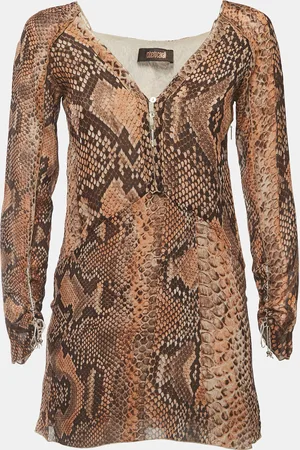 Roberto Cavalli Snake Print Silk Long Sleeve Flared Mini Dress M