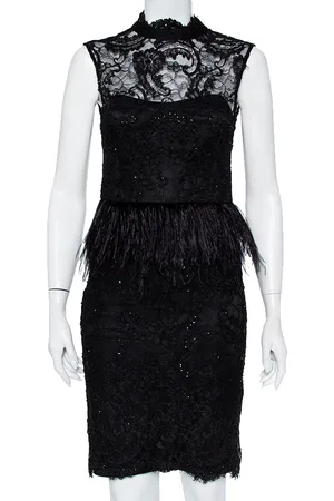 ALICE+OLIVIA Embellished Lace & Feather Trim Patricia Peplum Dress S