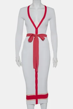 Elisabetta Franchi Rib Knit Contrast Detail Belted Button Front Dress M