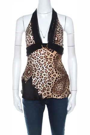 Roberto Cavalli Cheetah Print Silk Tulle Trim Halter Top S