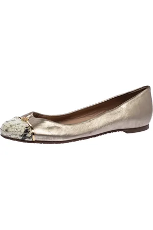 Tory Burch Gold Leather And Snake Print Cap Toe Bar Logo Ballet Flats Size 37