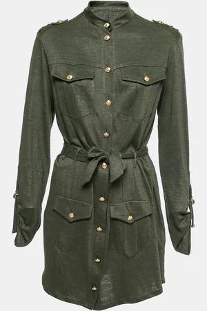 Balmain Kaki Knit Button-Embellished Belted Mini Dress M