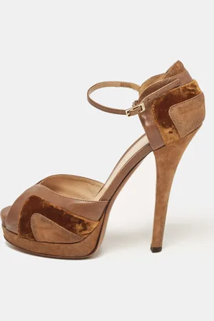 Fendi Beige/ Leather Velvet Ankle Strap Pumps Size 40