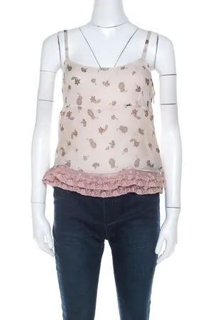 Miu Miu Pale Silk Chiffon and Ruffled Lace Detail Camisole Top M