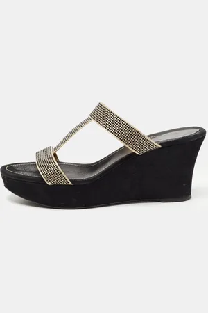 RENE CAOVILLA René Caovilla /Black Crystal Embellished Satin Platform Wedge Slide Sandals Size 41