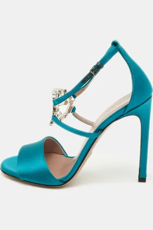 Gucci Teal Satin Crystal Embellished Interlocking G Ankle Strap Sandals Size 36
