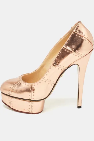 Charlotte Olympia Rose Gold Leather Studded Platform Pumps Size 38.5