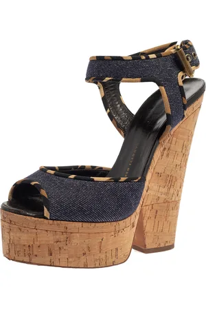 Giuseppe Zanotti Dark Wash Denim Cork Heel Platform Wedge Sandals Size 39