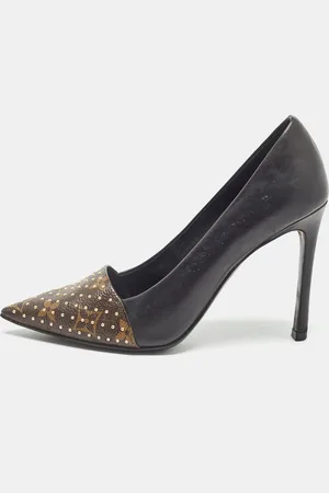 LOUIS VUITTON /Brown Leather and Studded Monogram Canvas Pointed Toe Pumps Size 36