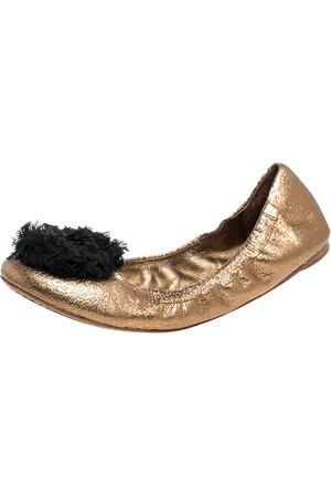Tory Burch Bronze Crackled Leather And Black Fabric Flower Scrunch Ballet Flats Size 40