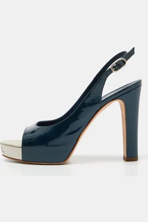 CHANEL Teal Patent Leather Open Toe Platform Slingback Sandals Size 38