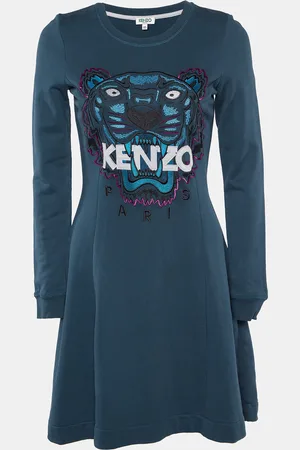Kenzo Teal Tiger Embroidered Cotton Mini Dress S