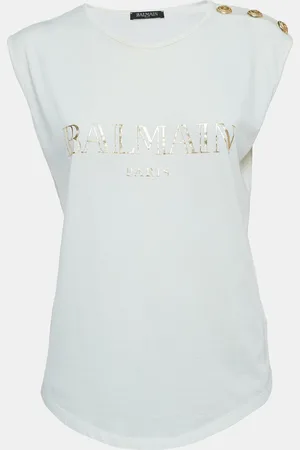 Balmain Logo Print Distressed Cotton Button Detailed Tank Top M