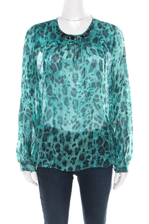 BLUMARINE And Black Animal Printed Silk Embellished Neck Blouse M