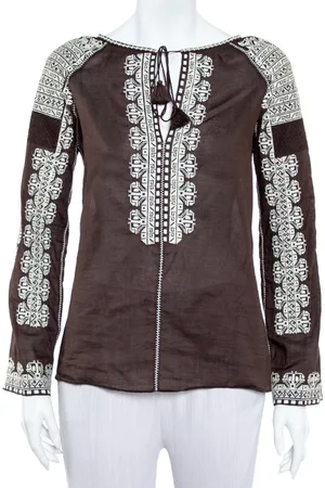 Tory Burch Cotton Embroidered Neck Tie Detail Top S
