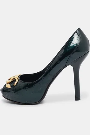 LOUIS VUITTON Monogram Patent Chain Detail Peep Toe Pumps Size 38