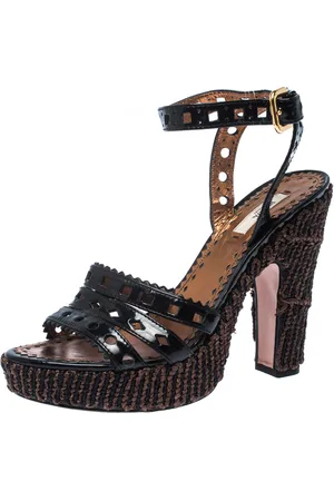Prada Patent Leather Raffia Platform Ankle Strap Sandals Size 39.5