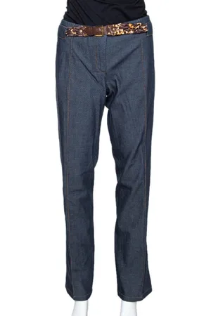 Roberto Cavalli Indigo Stretch Cotton Leopard Print Trim Pants L