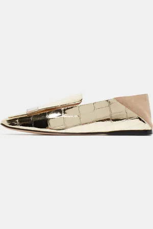 Sergio Rossi /Beige Croc Embossed Patent Leather and Suede SR1 Collapsible Loafers Size 36.5