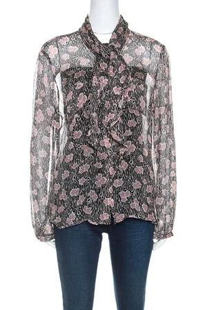 Giorgio Armani Black and Pink Floral Print Sheer Silk Blouse L